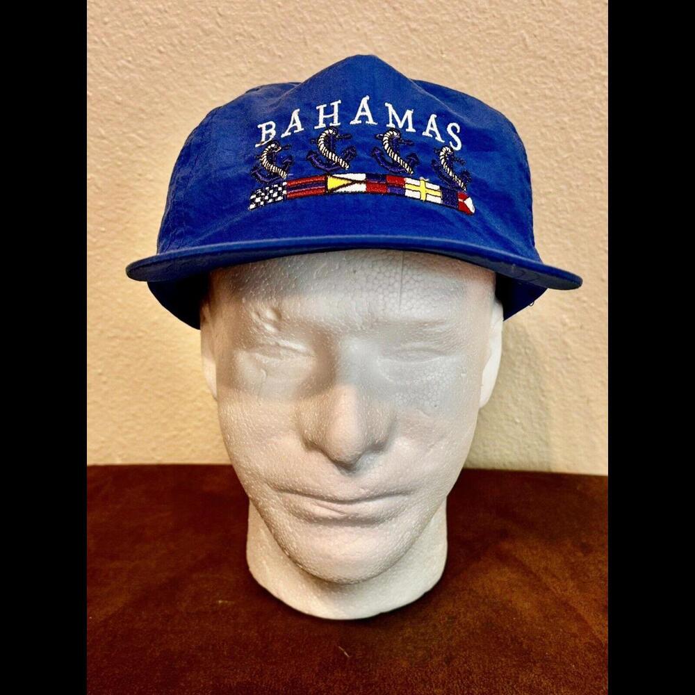 VTG BAHAMAS NASSAU HAT Lightweight Nylon Snapback Embroidered Anchor Flags Blue